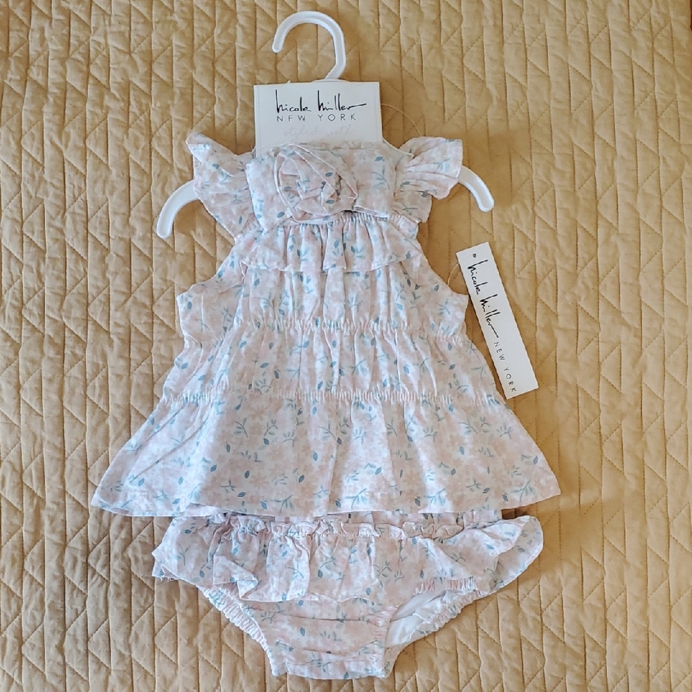Nicole Miller Kids Floral Dress Diaper Cover Headband Set - Light Pink